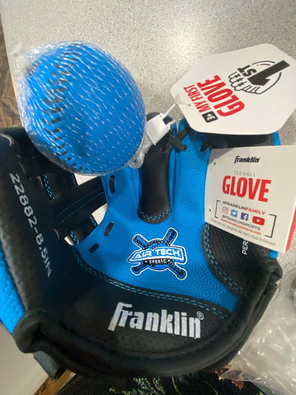 Franklin Sports Air Tech My First Glove 8.5 Inch Blue Teeball Glove and Ball Set